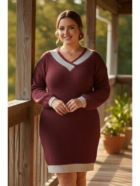 Contrast Varsity Stripe V-Neck Knee Length Knit Mini Plus Size Sweater Dress